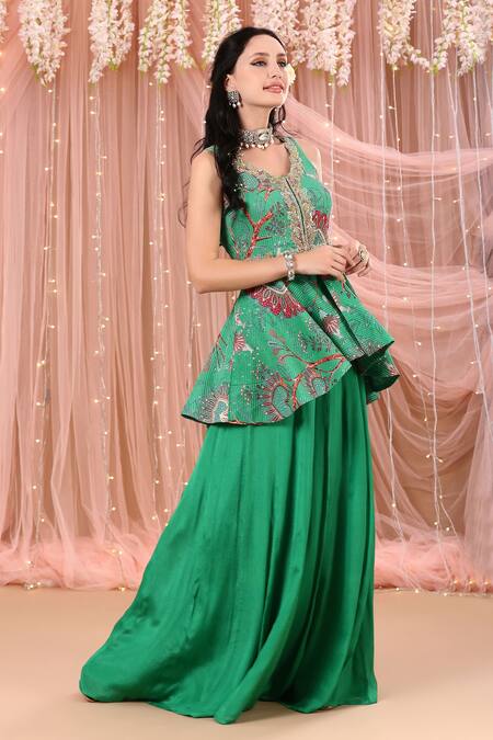 Aayushi Maniar_Green Crepe Silk, Korean Georgette Floral Print, Peplum Kurta And Gharara Set_Online_at_Aza_Fashions