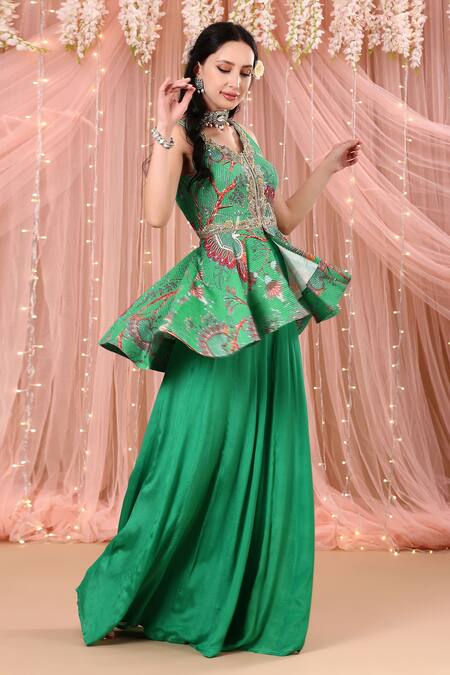 Buy_Aayushi Maniar_Green Crepe Silk, Korean Georgette Floral Print, Peplum Kurta And Gharara Set_Online_at_Aza_Fashions