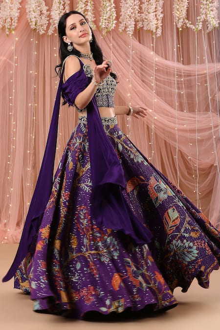 Aayushi Maniar_Purple Crepe Silk, Korean Georgette Floral Drape Attached Choli And Lehenga Set_Online_at_Aza_Fashions