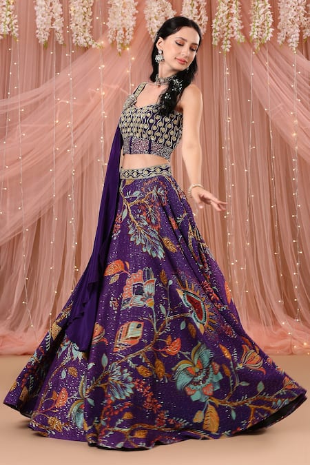 Shop_Aayushi Maniar_Purple Crepe Silk, Korean Georgette Floral Drape Attached Choli And Lehenga Set_Online_at_Aza_Fashions
