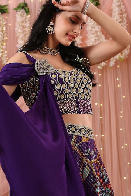 Aayushi Maniar_Purple Crepe Silk, Korean Georgette Floral Drape Attached Choli And Lehenga Set_at_Aza_Fashions