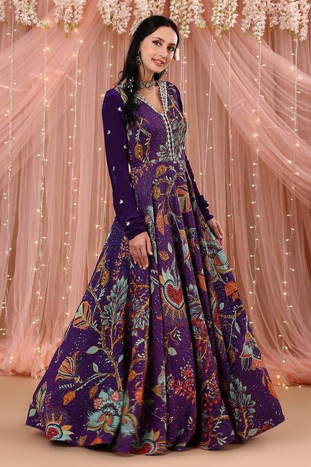Aayushi Maniar_Purple Organza, Net, Korean Georgette Floral Print, Anarkali With Dupatta_Online_at_Aza_Fashions