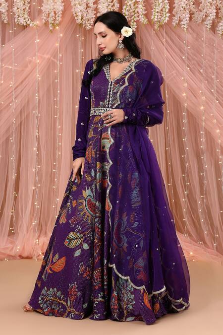 Buy_Aayushi Maniar_Purple Organza, Net, Korean Georgette Floral Print, Anarkali With Dupatta_Online_at_Aza_Fashions