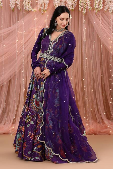 Shop_Aayushi Maniar_Purple Organza, Net, Korean Georgette Floral Print, Anarkali With Dupatta_Online_at_Aza_Fashions