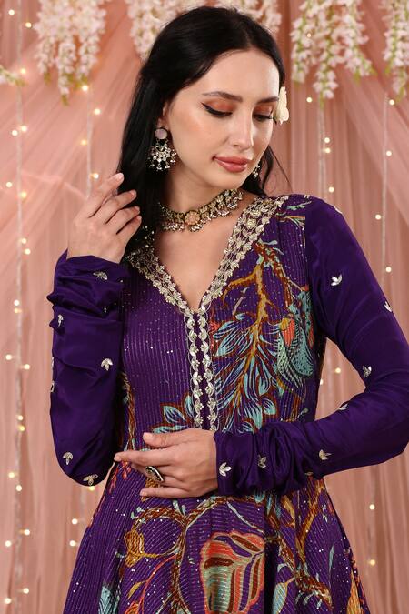 Aayushi Maniar_Purple Organza, Net, Korean Georgette Floral Print, Anarkali With Dupatta_at_Aza_Fashions