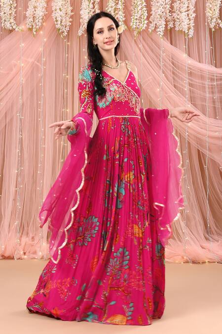 Aayushi Maniar Pink Organza, Crepe Silk Floral Print, Zardozi Work Anarkali With Dupatta