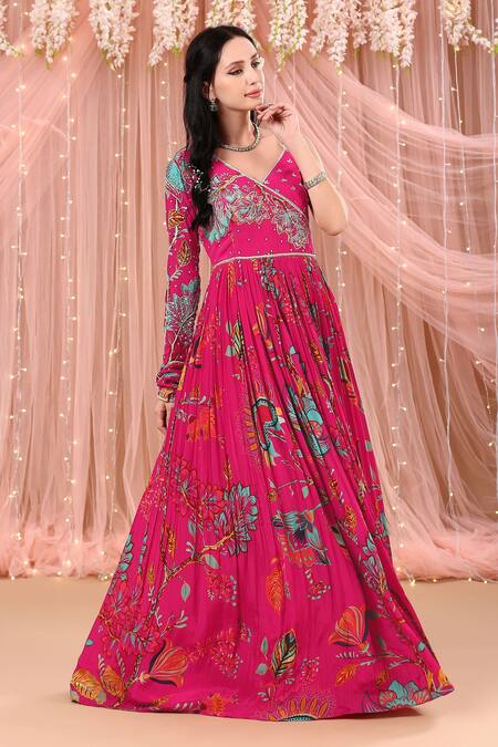Aayushi Maniar_Pink Organza, Crepe Silk Floral Print, Zardozi Work Anarkali With Dupatta_Online_at_Aza_Fashions