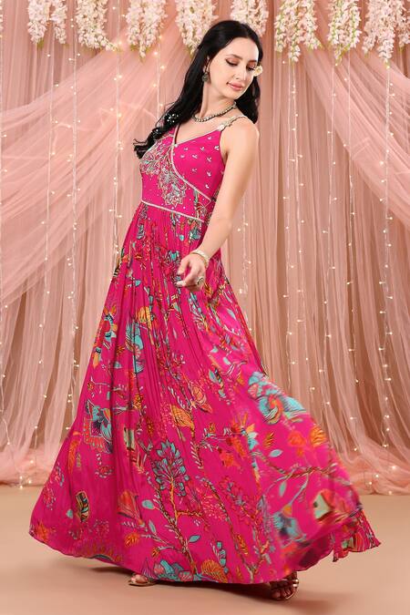 Buy_Aayushi Maniar_Pink Organza, Crepe Silk Floral Print, Zardozi Work Anarkali With Dupatta_Online_at_Aza_Fashions