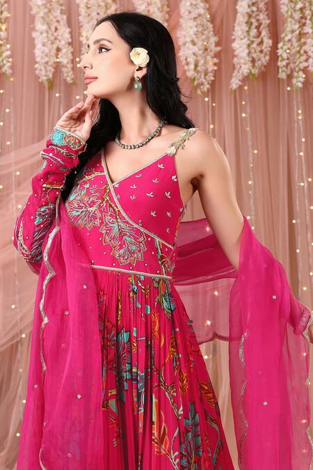 Shop_Aayushi Maniar_Pink Organza, Crepe Silk Floral Print, Zardozi Work Anarkali With Dupatta_Online_at_Aza_Fashions