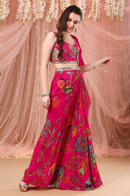 Buy Rani Pink Drape Saree With Fancy Blouse In Crepe