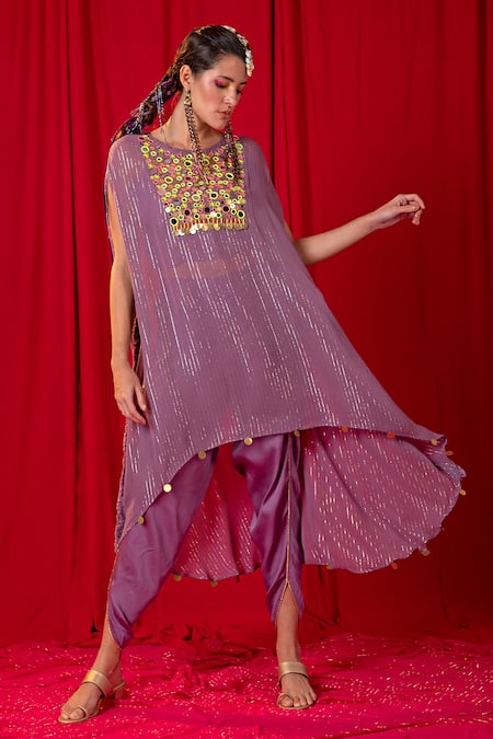 Buy_Enech_Purple Shimmer Georgette Jhalar Kimono Tunic And Tulip Pant Set  _Online_at_Aza_Fashions
