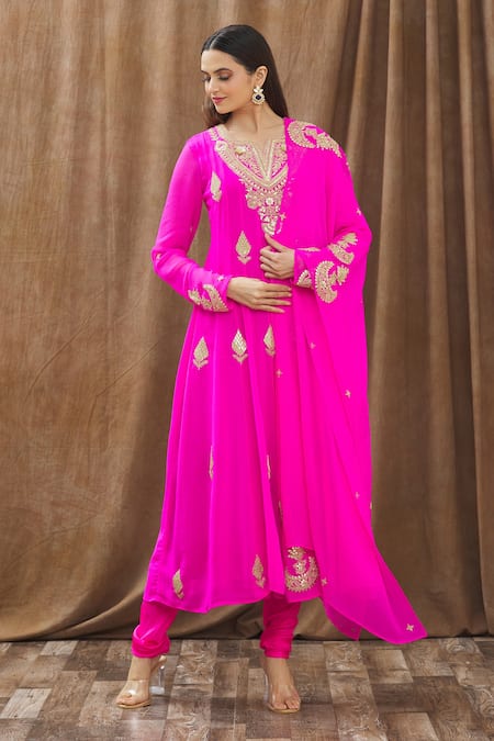 Gaurav Katta_Pink Georgette Thread And Sequin Notched Placement Embroidered Anarkali Set _Online_at_Aza_Fashions
