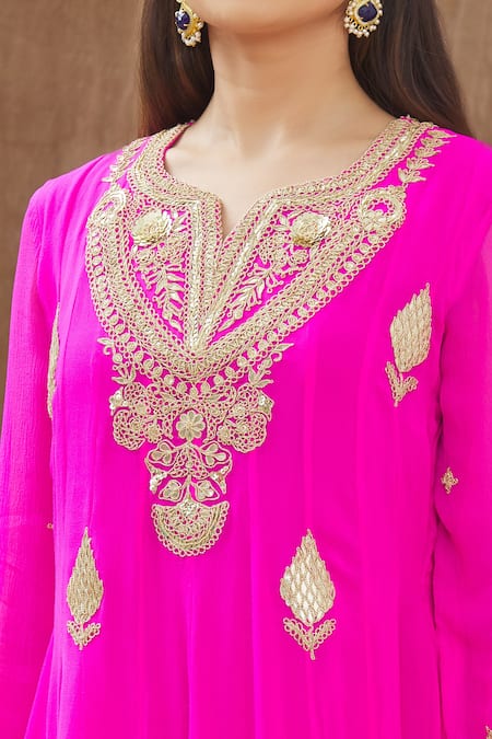 Gaurav Katta_Pink Georgette Thread And Sequin Notched Placement Embroidered Anarkali Set _at_Aza_Fashions