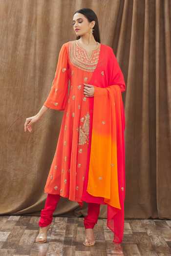 Gaurav katta_Pink Georgette Thread And Sequin Notched Embroidered Anarkali Churidar Set _Online_at_Aza_Fashions