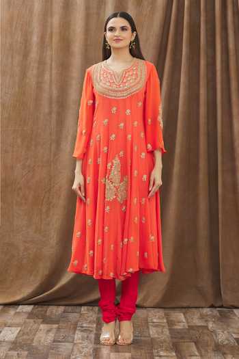 Buy_Gaurav katta_Pink Georgette Thread And Sequin Notched Embroidered Anarkali Churidar Set _Online_at_Aza_Fashions