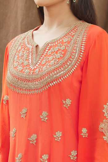 Gaurav katta_Pink Georgette Thread And Sequin Notched Embroidered Anarkali Churidar Set _at_Aza_Fashions