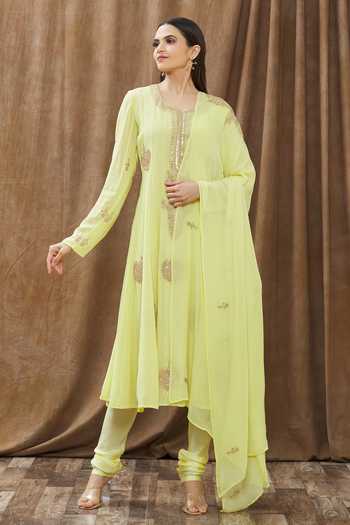 Gaurav katta_Yellow Georgette Thread And Sequin Notched Placement Embroidered Anarkali Set _Online_at_Aza_Fashions
