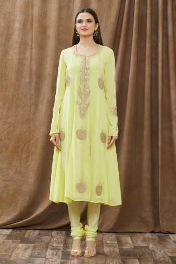 Buy_Gaurav katta_Yellow Georgette Thread And Sequin Notched Placement Embroidered Anarkali Set _Online_at_Aza_Fashions