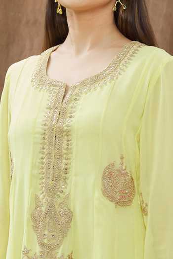 Gaurav katta_Yellow Georgette Thread And Sequin Notched Placement Embroidered Anarkali Set _at_Aza_Fashions