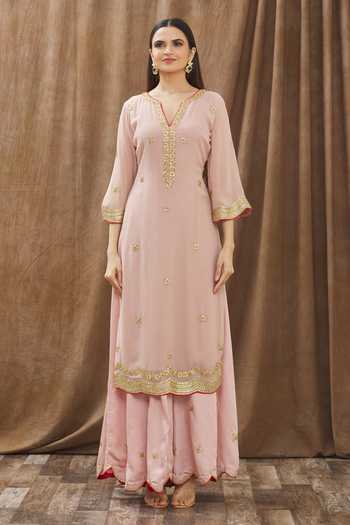 Buy_Gaurav katta_Pink Moda Silk And Georgette Thread & Placement Embroidered Kurta Gharara Set _Online_at_Aza_Fashions