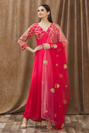 Gaurav katta_Pink Cotton Silk And Georgette Thread & Sequin Placement Embroidered Anarkali Set _Online_at_Aza_Fashions