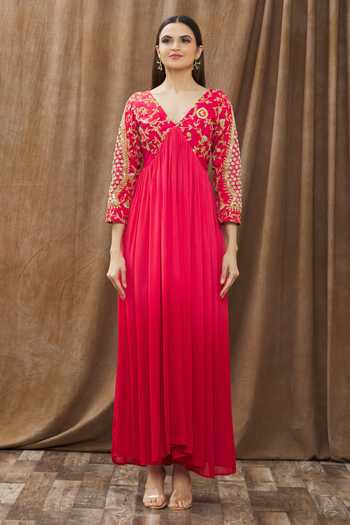 Buy_Gaurav katta_Pink Cotton Silk And Georgette Thread & Sequin Placement Embroidered Anarkali Set _Online_at_Aza_Fashions