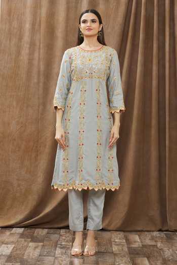 Buy_Gaurav katta_Grey Moda Silk Thread, Gota Patti And Sequin Round Embroidered Kurta Pant Set _Online_at_Aza_Fashions