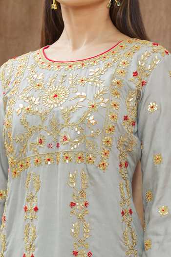 Gaurav katta_Grey Moda Silk Thread, Gota Patti And Sequin Round Embroidered Kurta Pant Set _at_Aza_Fashions