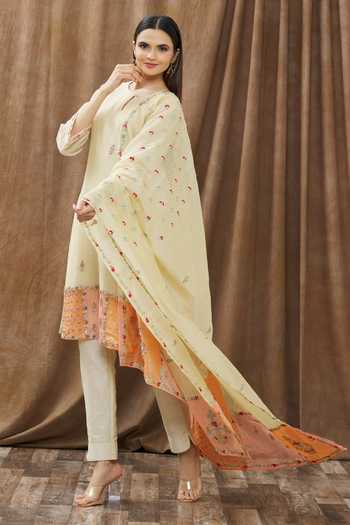 Gaurav katta_Beige Chanderi And Georgette Beads & Sequin, Thread Round Kurta Pant Set _Online_at_Aza_Fashions