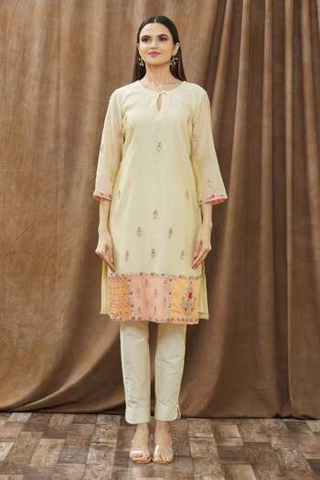 Buy_Gaurav katta_Beige Chanderi And Georgette Beads & Sequin, Thread Round Kurta Pant Set _Online_at_Aza_Fashions