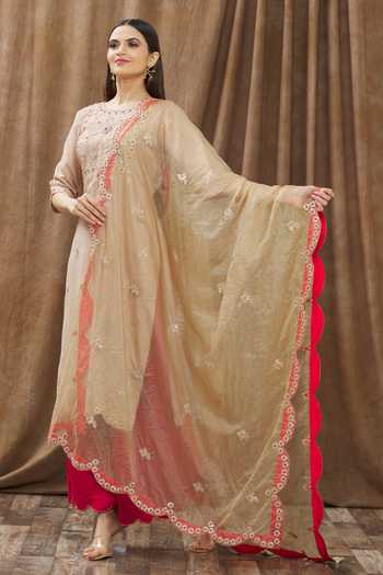 Gaurav katta_Brown Moda Silk And Organza Pearl, Thread, Gota Embroidered Kurta Palazzo Set _Online_at_Aza_Fashions