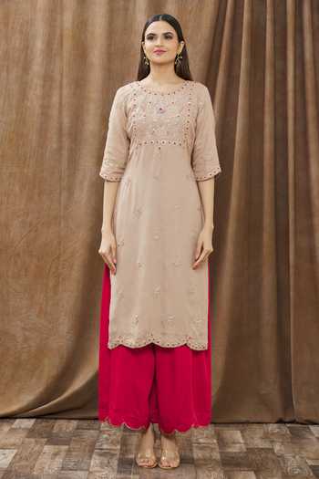 Buy_Gaurav katta_Brown Moda Silk And Organza Pearl, Thread, Gota Embroidered Kurta Palazzo Set _Online_at_Aza_Fashions