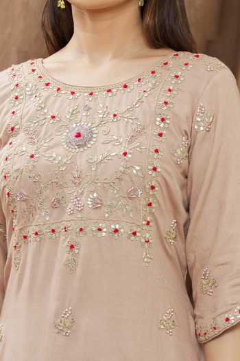 Gaurav katta_Brown Moda Silk And Organza Pearl, Thread, Gota Embroidered Kurta Palazzo Set _at_Aza_Fashions