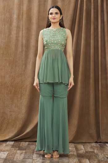 Buy_Gaurav katta_Green Moda Silk And Georgette Pearl, Thread, Gota Embroidered Kurta Sharara Set _Online_at_Aza_Fashions