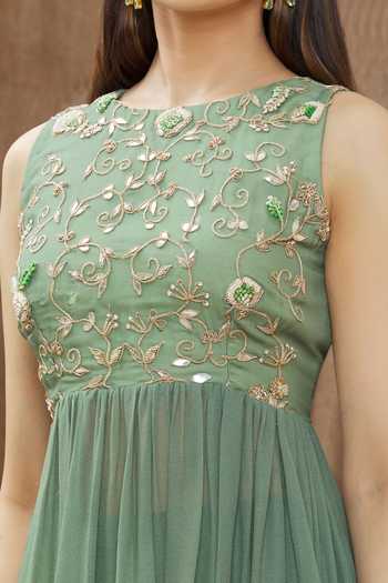 Gaurav katta_Green Moda Silk And Georgette Pearl, Thread, Gota Embroidered Kurta Sharara Set _at_Aza_Fashions