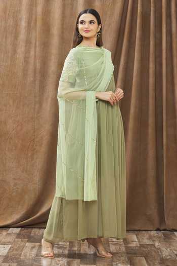 Gaurav katta_Green Georgette Sequin And Cutdana Round Sleeve Embroidered Anarkali Set _Online_at_Aza_Fashions