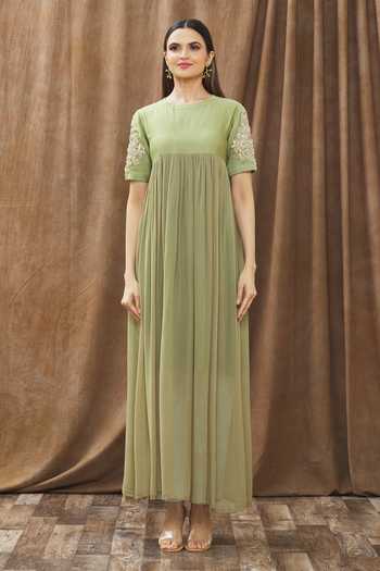 Buy_Gaurav katta_Green Georgette Sequin And Cutdana Round Sleeve Embroidered Anarkali Set _Online_at_Aza_Fashions