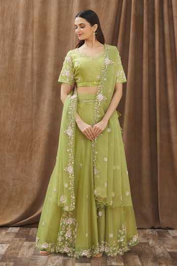 Gaurav katta_Green Moda Silk And Organza Sequin, Thread & Floral Embroidered Lehenga Set _Online_at_Aza_Fashions