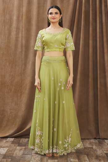 Buy_Gaurav katta_Green Moda Silk And Organza Sequin, Thread & Floral Embroidered Lehenga Set _Online_at_Aza_Fashions