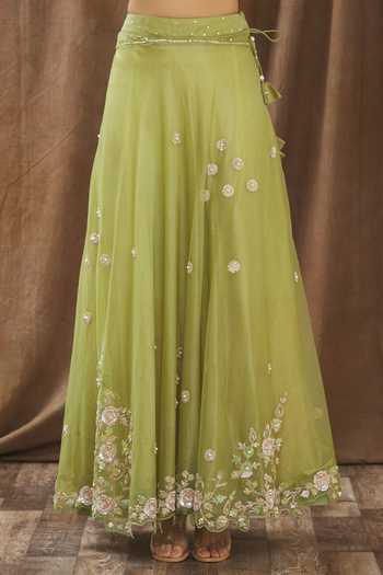 Shop_Gaurav katta_Green Moda Silk And Organza Sequin, Thread & Floral Embroidered Lehenga Set _Online_at_Aza_Fashions