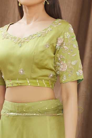 Gaurav katta_Green Moda Silk And Organza Sequin, Thread & Floral Embroidered Lehenga Set _at_Aza_Fashions