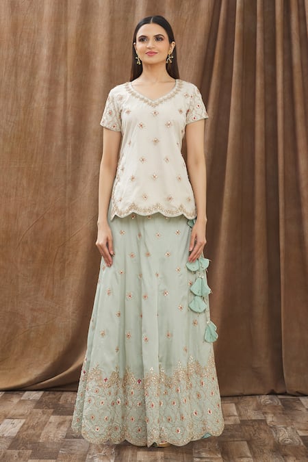 Buy_Gaurav Katta_Blue Georgette And Organza, Moda Silk Sequin, Thread Embroidered Kurta Lehenga Set _Online_at_Aza_Fashions