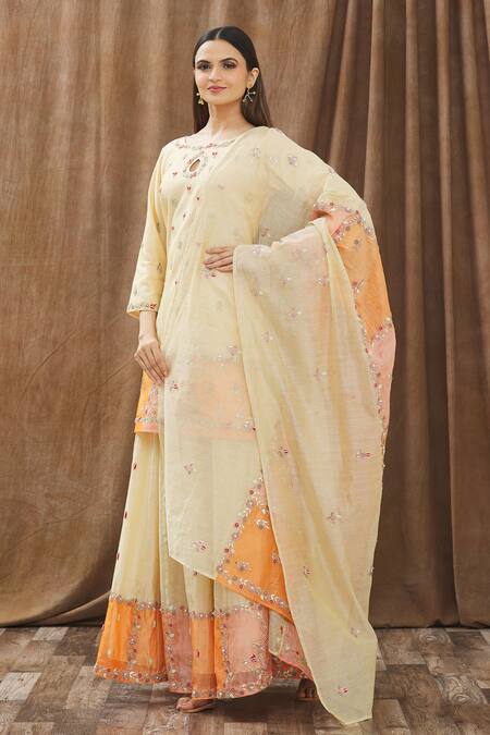 Gaurav Katta Beige Chanderi Thread, Pearl And Cutdana Round Kurta Lehenga Set Online at Aza Fashions Gaurav Katta_Beige Chanderi Thread, Pearl And Cutdana Round Kurta Lehenga Set _Online_at_Aza_Fashions