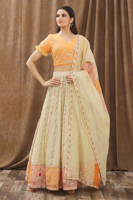 Peach Sequin Embroidered Lehenga Set With Blouse And Dupatta - Hijab Online