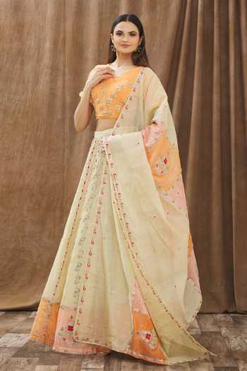 Gaurav katta_Beige Chanderi Thread, Pearl And Cutdana V Neck Lehenga Set _Online_at_Aza_Fashions