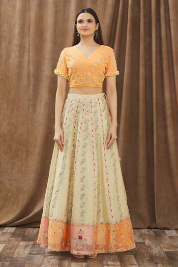 Buy_Gaurav katta_Beige Chanderi Thread, Pearl And Cutdana V Neck Lehenga Set _Online_at_Aza_Fashions
