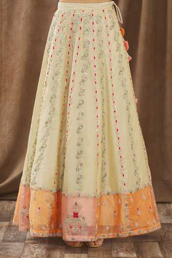 Shop_Gaurav katta_Beige Chanderi Thread, Pearl And Cutdana V Neck Lehenga Set _Online_at_Aza_Fashions
