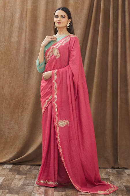 Gaurav Katta_Blue Tussar Silk Thread And Sequin Round Embroidered Saree With Blouse _Online_at_Aza_Fashions