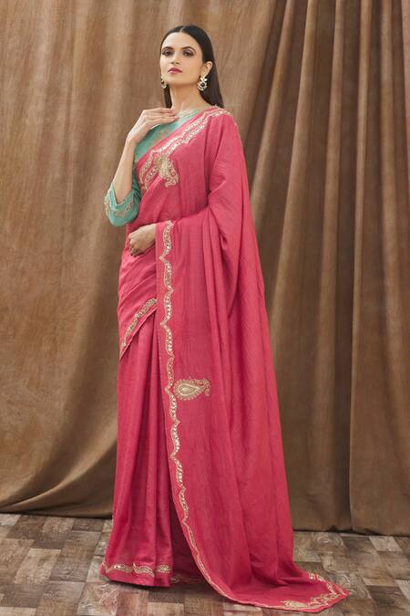 Buy_Gaurav Katta_Blue Tussar Silk Thread And Sequin Round Embroidered Saree With Blouse _Online_at_Aza_Fashions