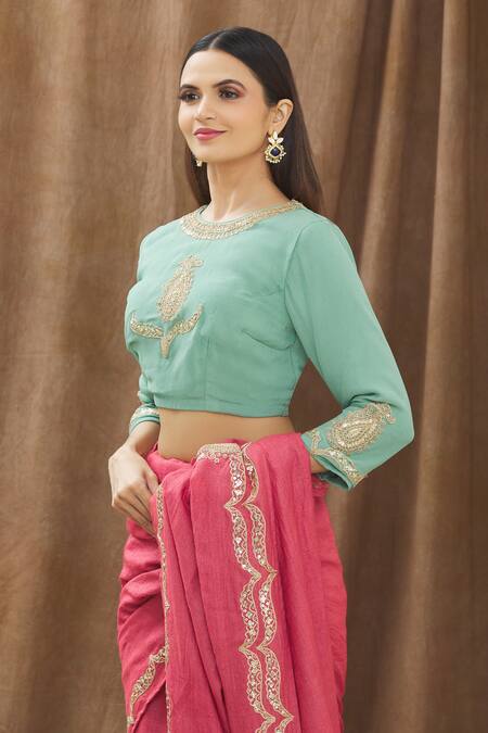 Shop_Gaurav Katta_Blue Tussar Silk Thread And Sequin Round Embroidered Saree With Blouse _Online_at_Aza_Fashions